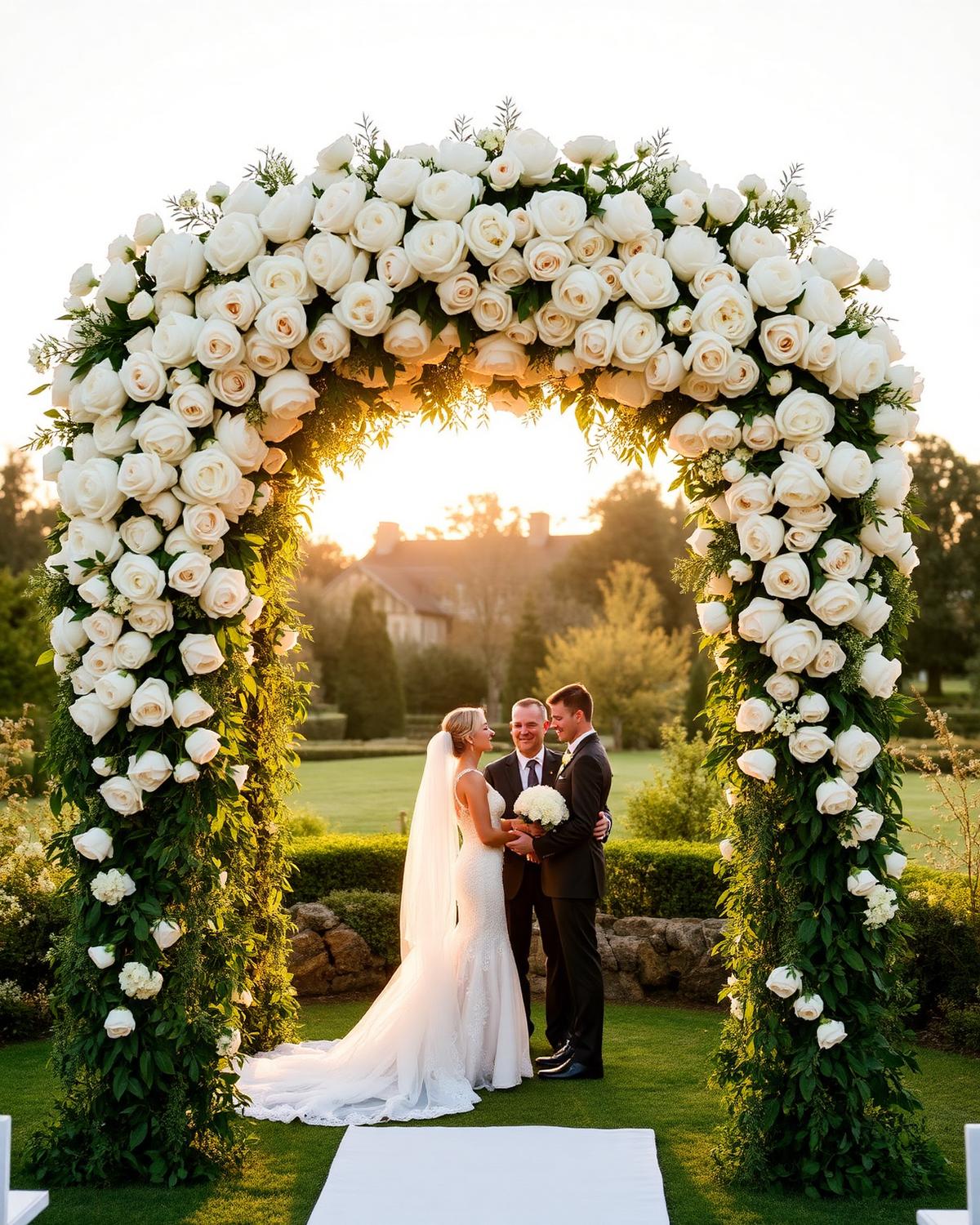 White rose ceremony arch at golden hour