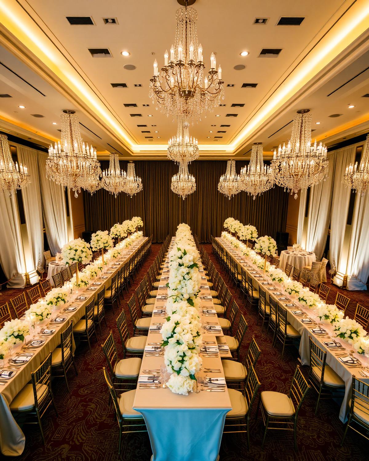 Grand ballroom banquet with floral centerpieces and chandeliers