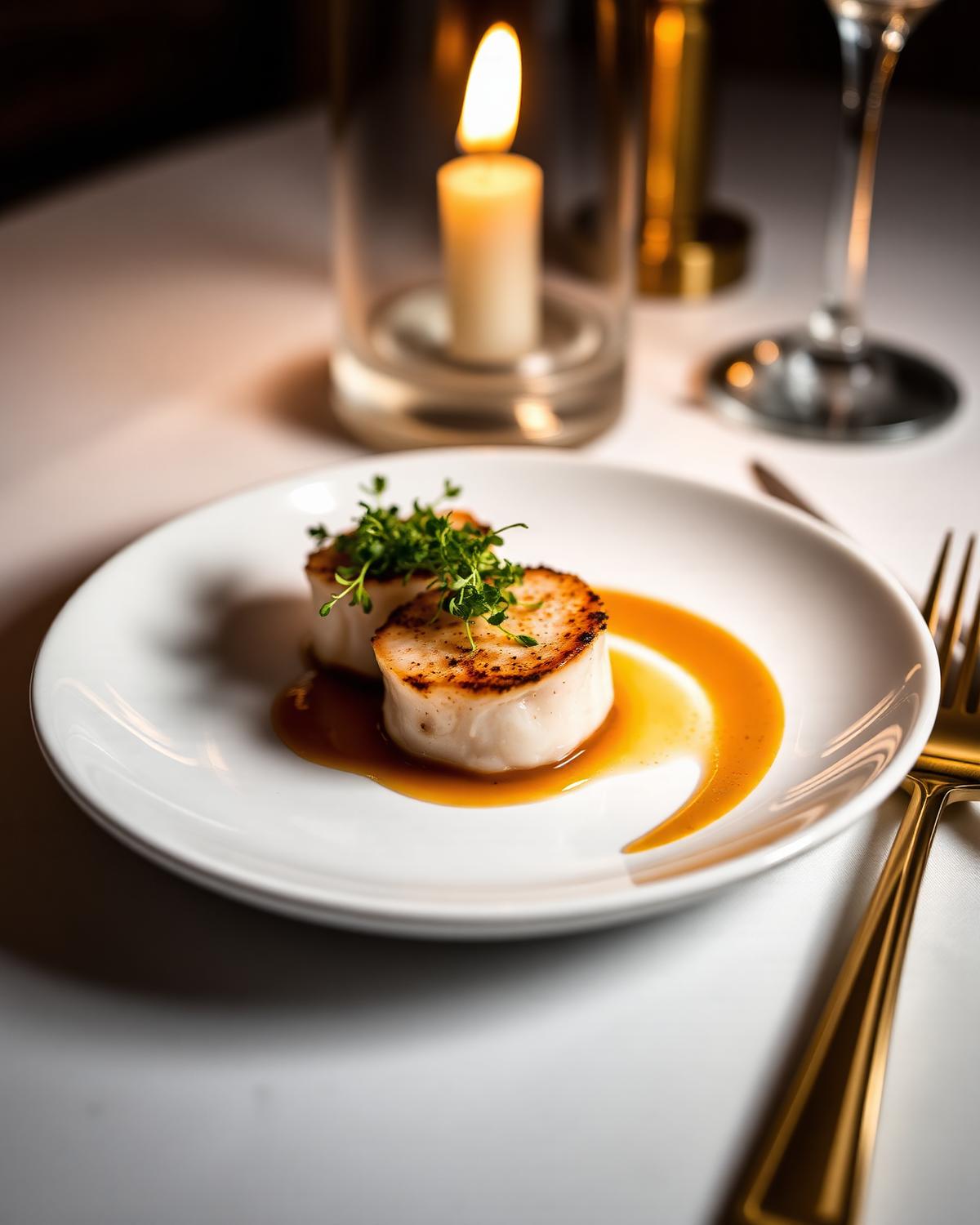 Plated fine-dining scallop dish with gold cutlery