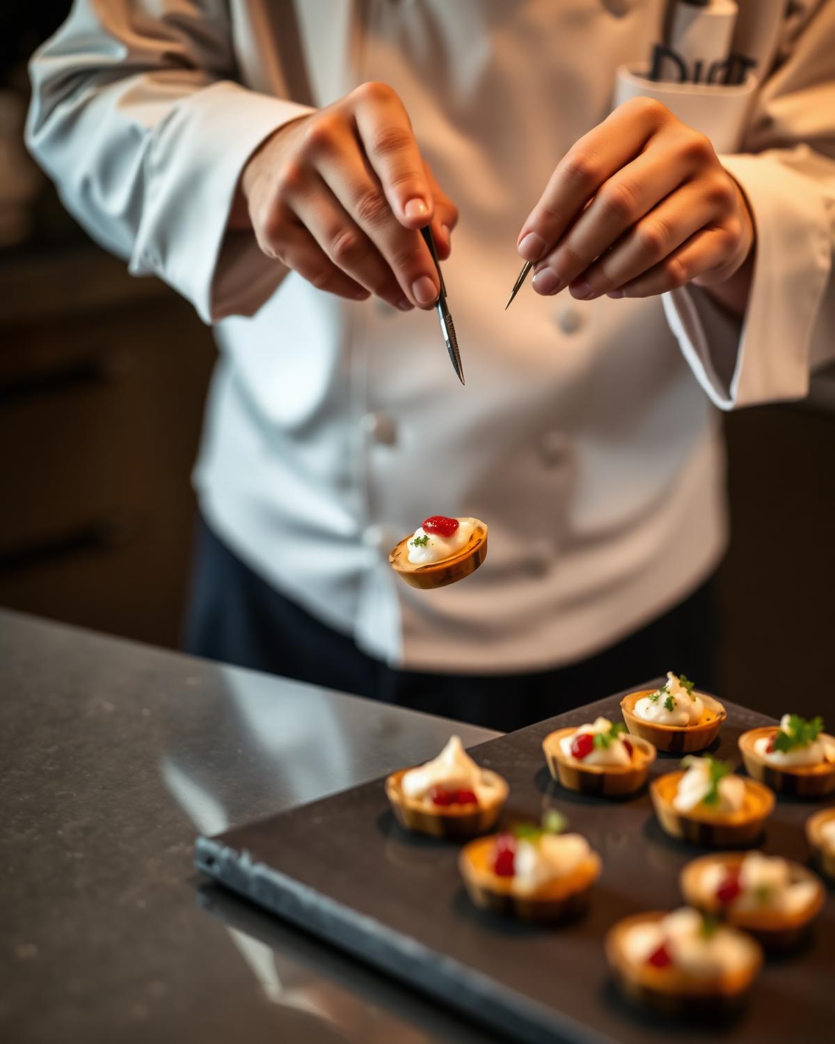 Chef plating hors d'oeuvres with tweezers