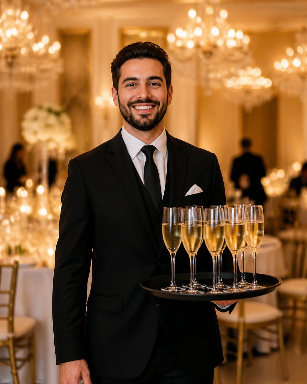Server presenting champagne flutes at a luxury reception