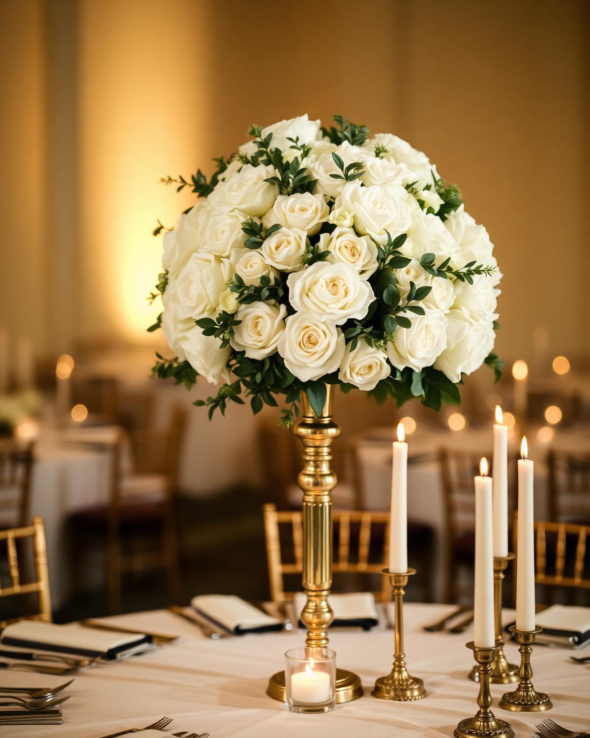 Tall white rose centerpiece with taper candles