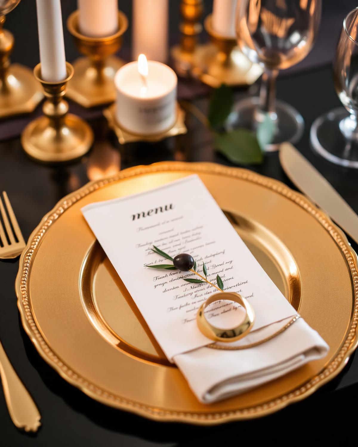 Elegant gold place setting with calligraphed menu