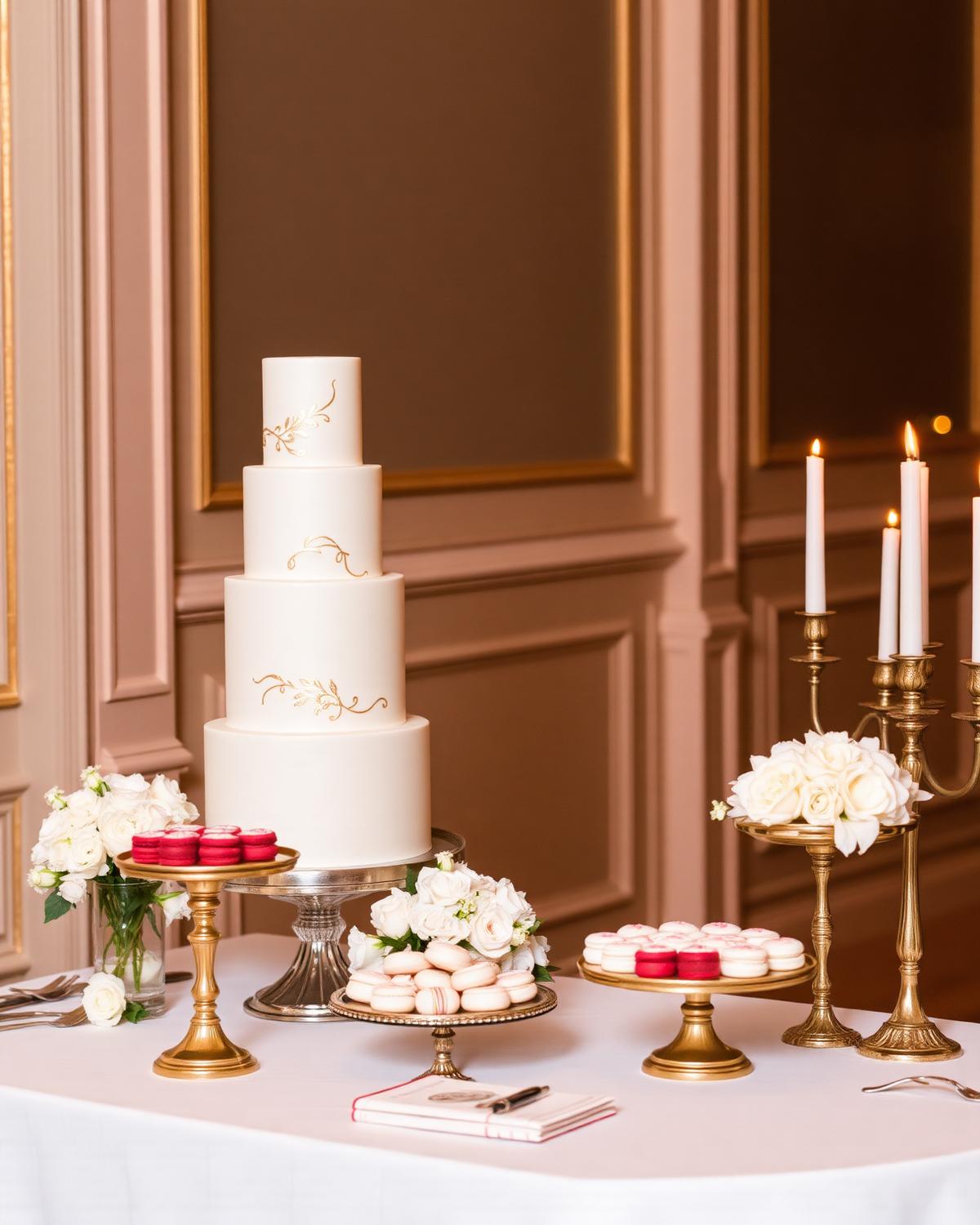 Luxury multi-tier wedding cake and dessert table